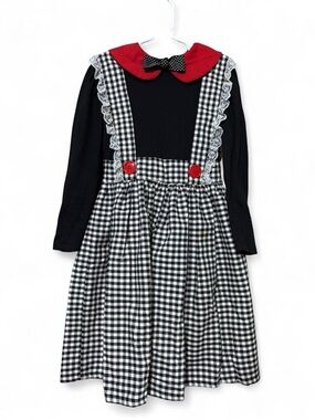 Vintage 80’s Girls Black & White Gingham Jumper Dress with Red Collar